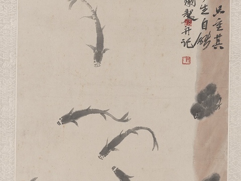 齐白石写意水墨画，近现代水墨画 鱼小鸡