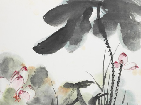 张大千绘画作品，中国近现代水墨画，写意水墨画荷花 (3)