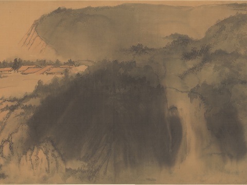 张大千绘画作品，中国近现代水墨画，写意水墨画云山依水图绢