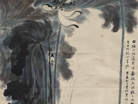 张大千绘画作品，中国近现代水墨画，写意水墨画荷花仙鹤