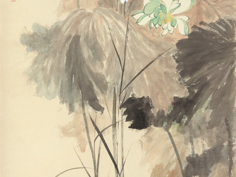 张大千绘画作品，中国近现代水墨画，写意水墨画五色荷花纸本