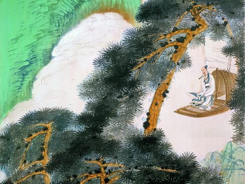 张大千绘画作品，中国近现代水墨画，写意水墨画青绿山水人物图