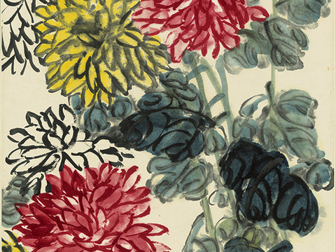 齐白石写意水墨画，近现代水墨画 菊花图 20x81