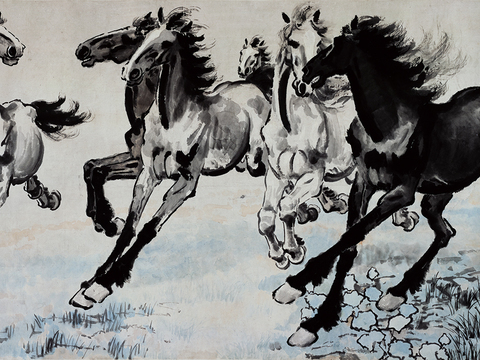 徐悲鸿水墨画，水墨花鸟动物画，近现代水墨画， 奔马图 113