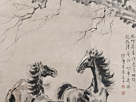 徐悲鸿水墨画，水墨花鸟动物画，近现代水墨画， 三骏图133×