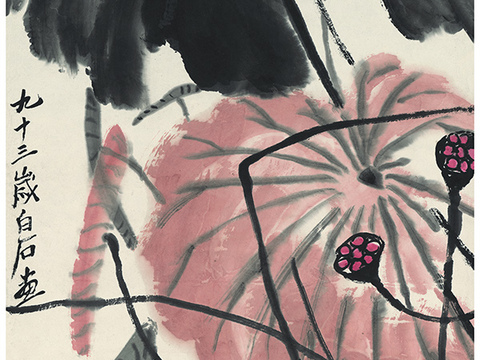 齐白石写意水墨画，近现代水墨画-荷塘鸳鸯 41X112