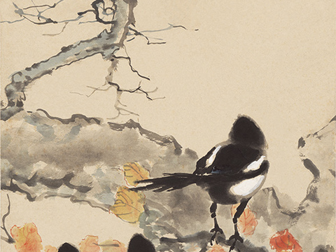 徐悲鸿水墨画，水墨花鸟动物画，近现代水墨画， 春日四喜鹊图