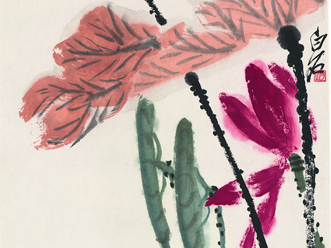 齐白石写意水墨画，近现代水墨画-荷塘墨蝶图 32X68