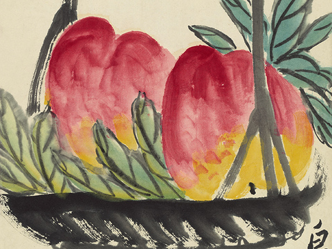 齐白石写意水墨画，近现代水墨画 三千寿桃 27x73