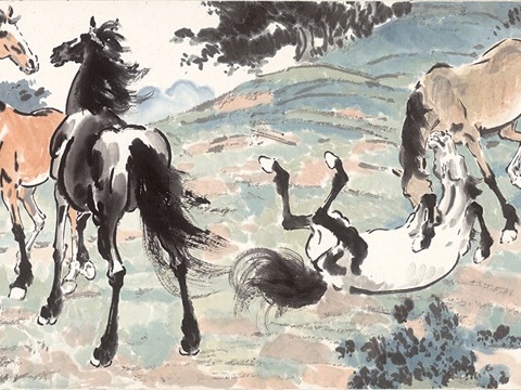 徐悲鸿水墨画，水墨花鸟动物画，近现代水墨画， 十骏图 纸本1