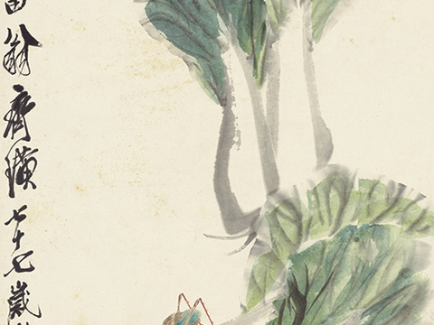 齐白石写意水墨画，近现代水墨画 白菜蝈蝈 20x40