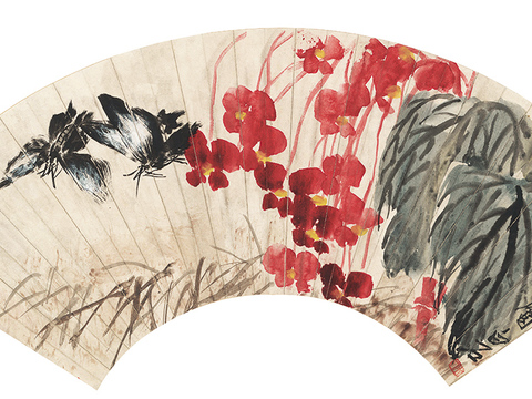 齐白石写意水墨画，近现代水墨画-1865-齐白石-恋花双蝶扇