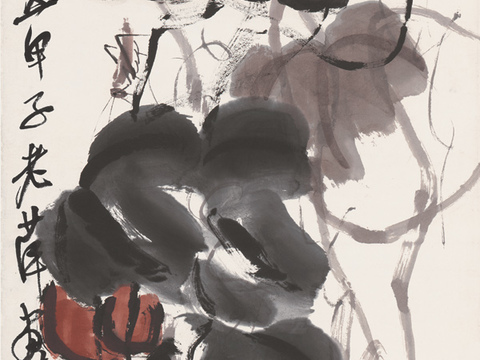 齐白石写意水墨画，近现代水墨画 设色瓜轴-OK 34X135