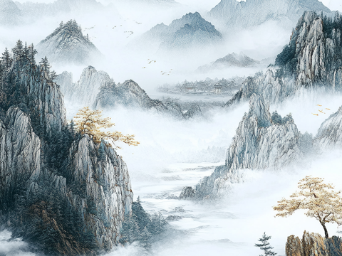 中式轻奢山水大理石 山脉风景大理石贴图