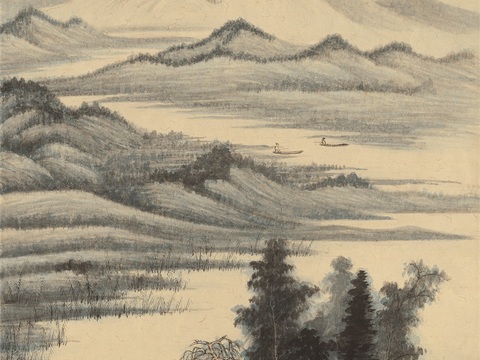 张大千绘画作品，中国近现代水墨画，写意水墨画渔父图纸本