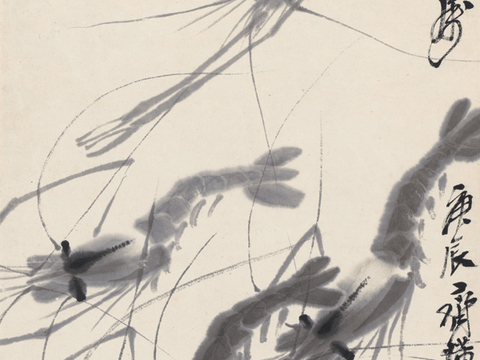 齐白石写意水墨画，近现代水墨画 虾2 28x54