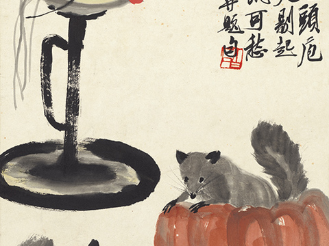 齐白石写意水墨画，近现代水墨画 灯鼠图 24x48