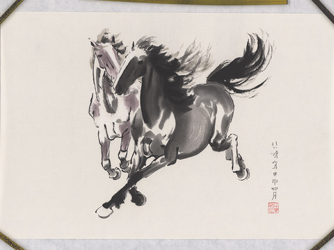 徐悲鸿水墨画，水墨花鸟动物画，近现代水墨画， 双马（圣彩虹原