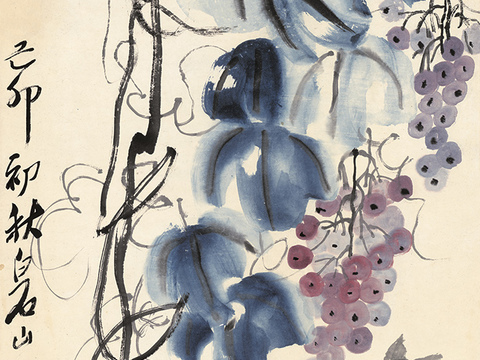 齐白石写意水墨画，近现代水墨画 松鼠葡萄-89x46 副本