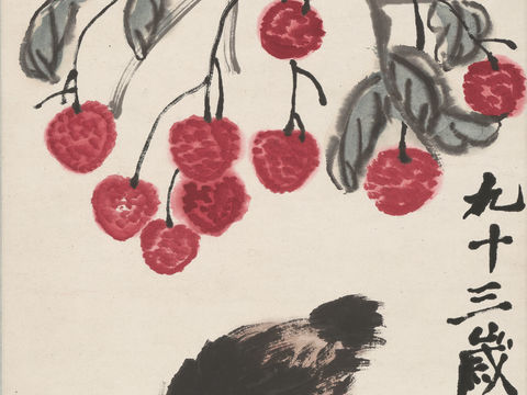 齐白石写意水墨画，近现代水墨画-荔枝鹌鹑图