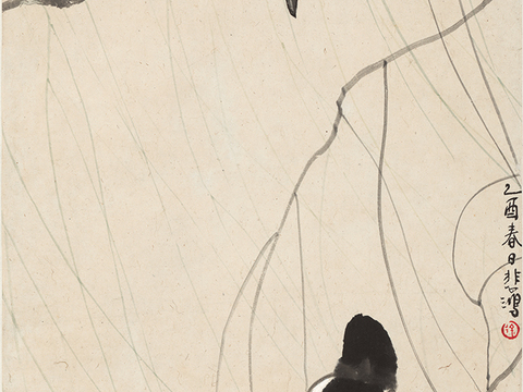 徐悲鸿水墨画，水墨花鸟动物画，近现代水墨画， 墨笔四喜图 纸