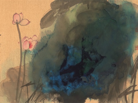 张大千绘画作品，中国近现代水墨画，写意水墨画荷花 (2)