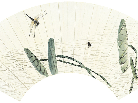 齐白石写意水墨画，近现代水墨画 扇页 蜻蜓荷花-ca0804