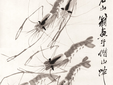 齐白石写意水墨画，近现代水墨画-虾2 32X77