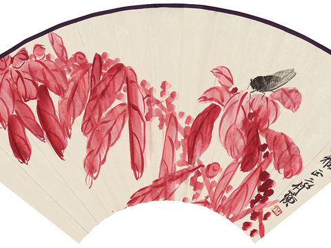 齐白石写意水墨画，近现代水墨画 扇面 鸣蝉老少年图扇 纸本4