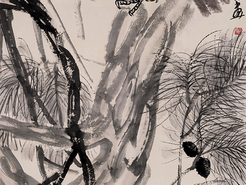 齐白石写意水墨画，近现代水墨画 松鹰图纸131.4X63（天