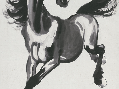 徐悲鸿水墨画，水墨花鸟动物画，近现代水墨画， 墨笔奔马回眸图
