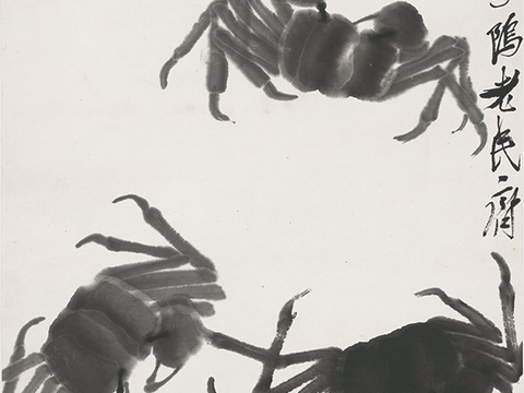 齐白石写意水墨画，近现代水墨画-群蟹 修 35x102