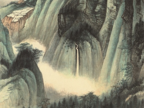 张大千绘画作品，中国近现代水墨画，写意水墨画接引殿纸本