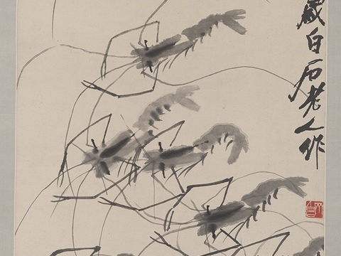 齐白石写意水墨画，近现代水墨画 群虾图