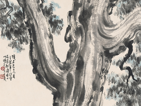 徐悲鸿水墨画，水墨花鸟动物画，近现代水墨画， 柏树双马图轴1