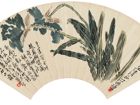 齐白石写意水墨画，近现代水墨画 蝴蝶兰图扇 纸本 49x24