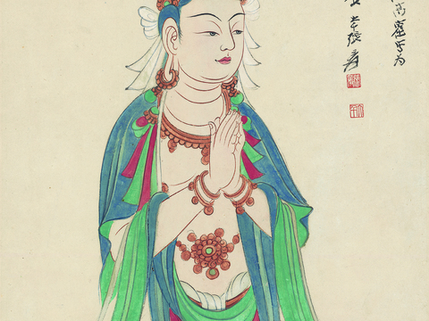 张大千绘画作品，中国近现代水墨画，写意水墨画观音图纸本