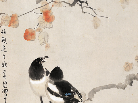 徐悲鸿水墨画，水墨花鸟动物画，近现代水墨画， 双喜轴 纸本3