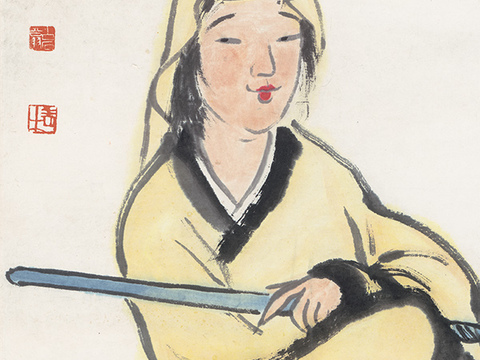 齐白石写意水墨画，近现代水墨画-抚剑图 34x120