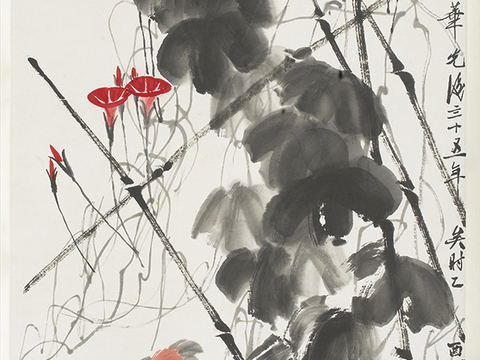 齐白石写意水墨画，近现代水墨画 牵牛花 28x55