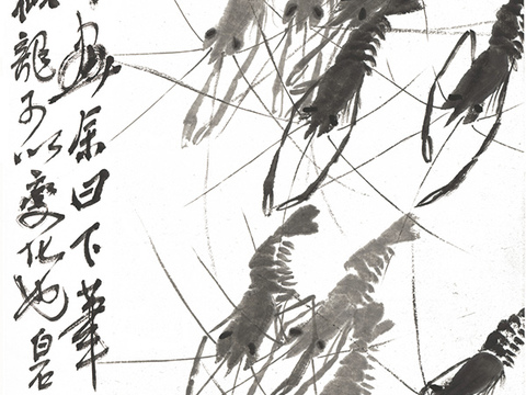 齐白石写意水墨画，近现代水墨画-群虾图 修 34x138