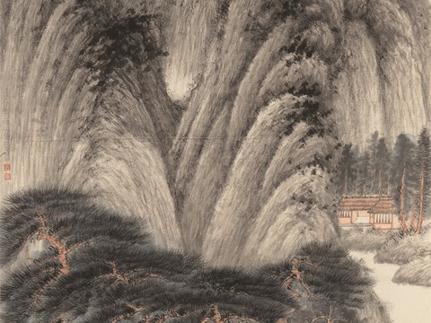 张大千绘画作品，中国近现代水墨画，写意水墨画仿王蒙春山读书图