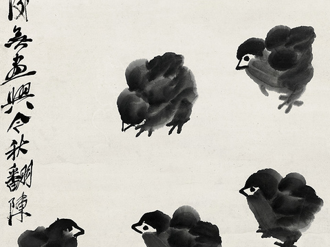 齐白石写意水墨画，近现代水墨画 七鸡图34x68