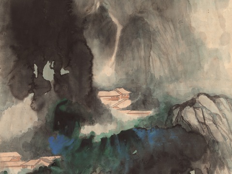 张大千绘画作品，中国近现代水墨画，写意水墨画－野寺晨钟 ＃