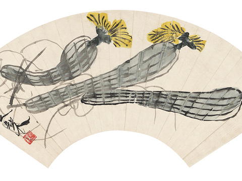 齐白石写意水墨画，近现代水墨画-1865-齐白石-清香丝瓜扇