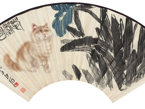 齐白石写意水墨画，近现代水墨画 曹克家 耄耋图扇 纸本 50