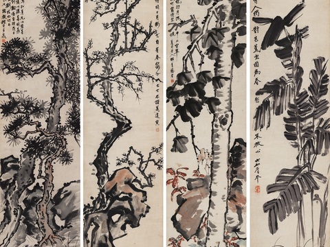 张大千绘画作品，中国近现代水墨画，写意水墨画松桐蕉梅