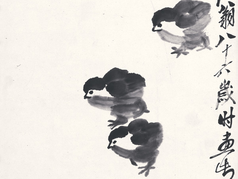 齐白石写意水墨画，近现代水墨画 雏鸡轴-OK 35X101