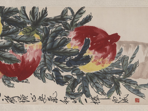 齐白石写意水墨画，近现代水墨画 桃枝2