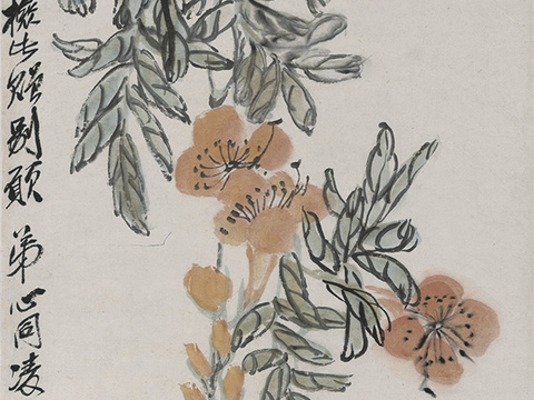 齐白石写意水墨画，近现代水墨画-黄花双蝶 33X99